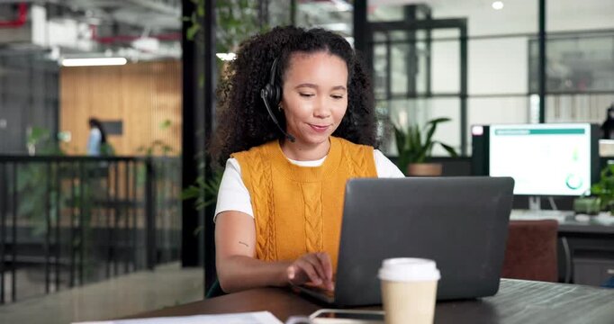 Laptop, smile and woman in call center for technical support, network assistance and typing. Talking, hotline and happy consultant with computer in office, internet connection query and IT help