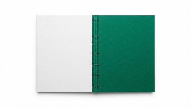Minimalist open notebook with green cover, blank white paper page, handmade book binding on white background