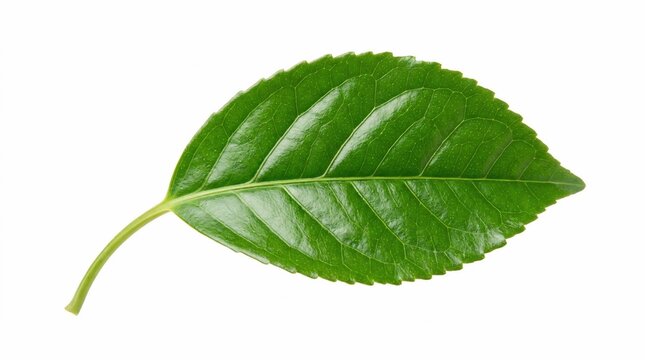 Vibrant green leaf isolated on white background, fresh organic foliage with detailed veins, single botanical element for design