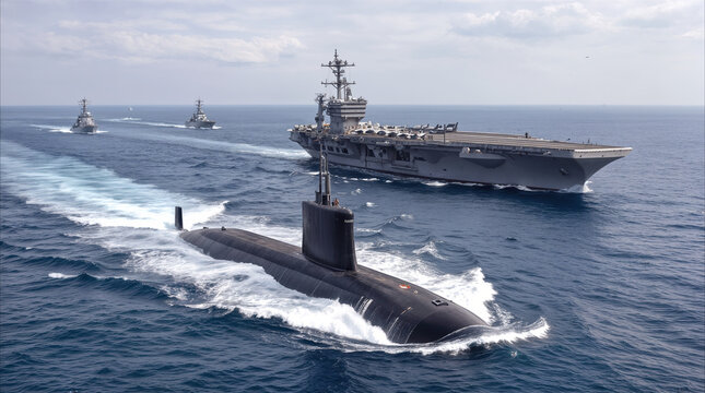 Nuclear submarine surfacing alongside aircraft carrier and escort ships. Naval strike group conducting maritime operations in open ocean.