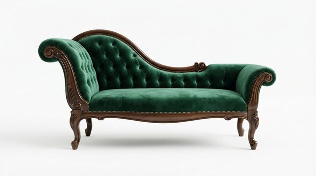 Vintage green velvet chaise longue, antique tufted daybed with wooden frame. Victorian style emerald sofa for interior design.