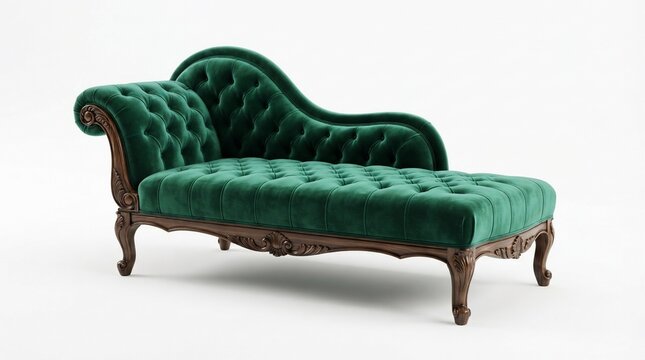 Vintage green velvet chaise longue, elegant tufted emerald daybed with carved wood frame, classic antique style lounge sofa on white background