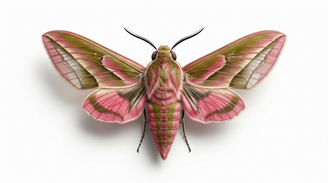 Elephant hawk-moth specimen on white background, pink and olive green moth macro, Deilephila elpenor insect illustration