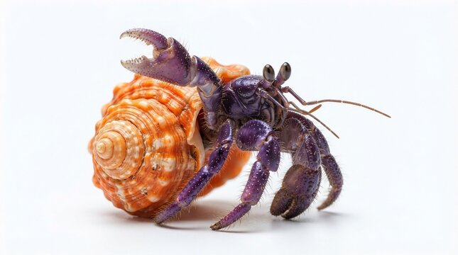 Purple hermit crab with orange seashell, tropical marine crustacean on white background, exotic pet hermit crab in spiral shell