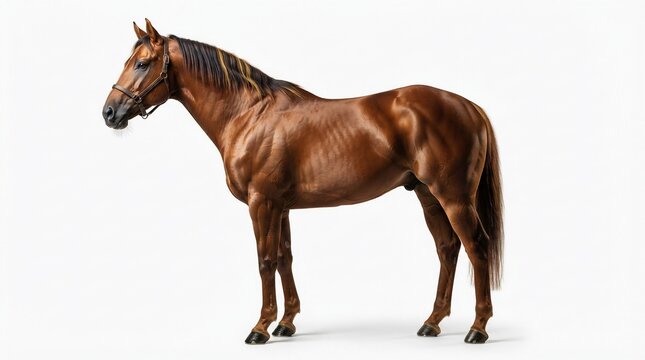 Majestic chestnut horse standing in profile, muscular brown stallion on white background, purebred equestrian animal portrait