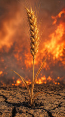 Fototapeta premium Golden wheat stalk standing in parched soil against backdrop of raging wildfire. Agricultural crisis and environmental disaster concept.