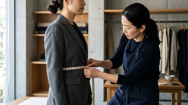 Female tailor measuring woman's waist in modern fashion atelier for custom suit fitting