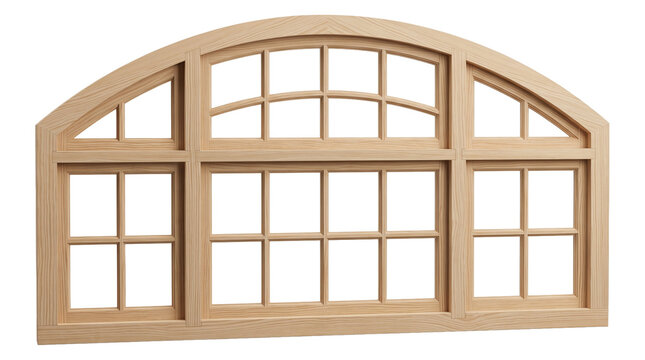 Wooden arch window frame with divided panes isolated on transparent background png file.