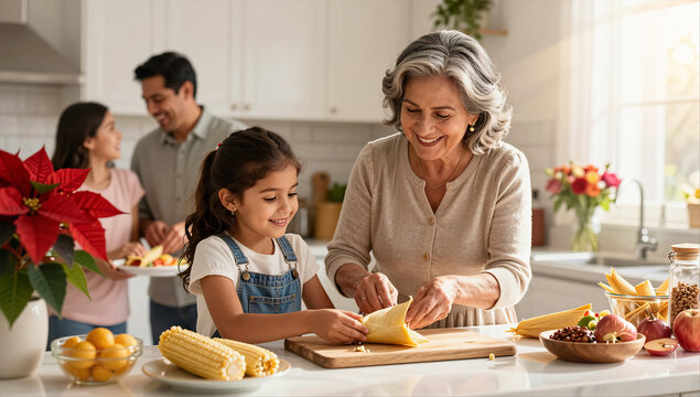 Hispanic Family Preparing Tamales for Las Posadas Holiday