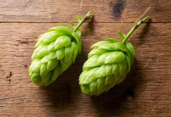 Fototapeta premium Fresh green hops for brewing beer, natural ingredients and craft beverage production on rustic wooden background