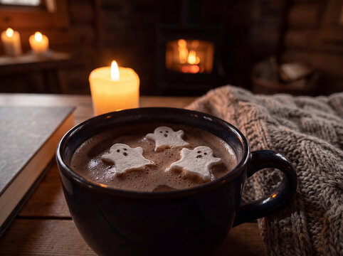 Hot chocolate mug with marshmallow ghosts on a wooden table