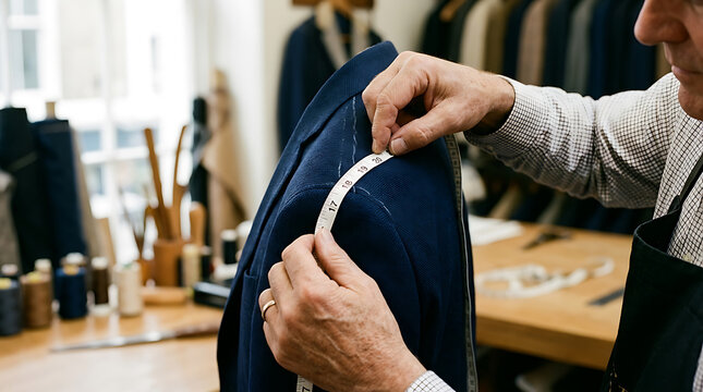 Tailoring and fitting professional suit jackets or blazers with measuring tape in a bespoke tailoring workshop