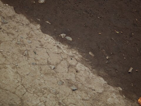 Diagonal contrast between cracked ground and dark soil