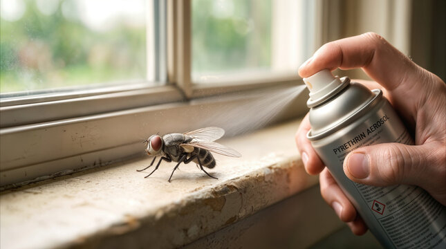 Pest control spray being applied to housefly on window sill. Domestic insect extermination using aerosol insecticide.