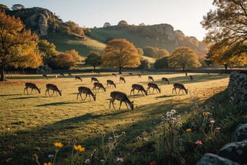 Naklejka premium Herd of domestic deer graze in large grassy paddock at sunset. Wild animals eat grass in farm field near mountains, forest. Beautiful autumn landscape with colorful trees, hills during golden hour in