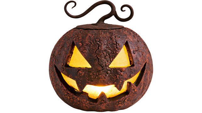 Scary carved pumpkin lantern with glowing yellow light and curly stem