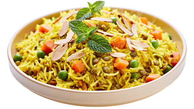 Yellow rice pilaf with peas carrots almonds, and mint leaves