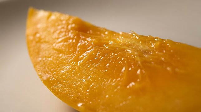Macro close up of a juicy fresh orange slice showing texture and pulp with bright natural light. ataulfo mango