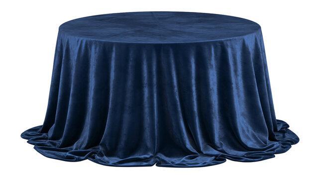 Round table covered with dark blue velvet tablecloth
