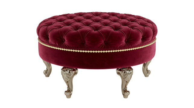Round tufted velvet ottoman with ornate carved legs