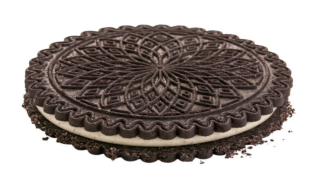 Dark chocolate sandwich cookie with cream filling and embossed pattern
