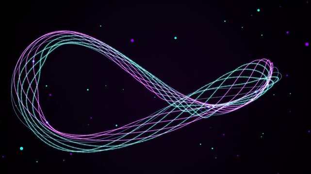 Abstract glowing infinity symbol morphing into digital wave animation with cyan and purple light lines on dark background.