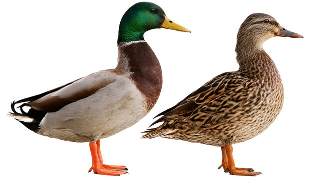 Male and female mallard ducks standing side by side