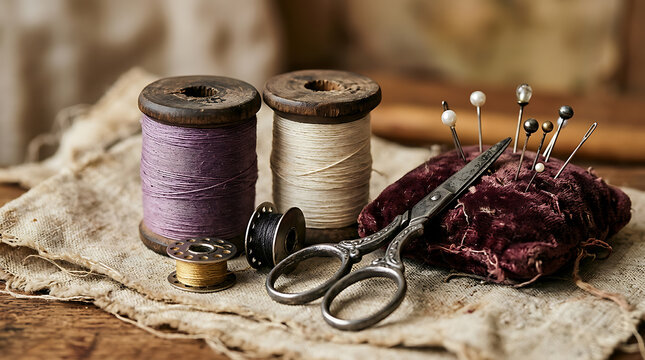 Vintage sewing tools including spools of thread and pins with scissors on a rustic fabric surface
