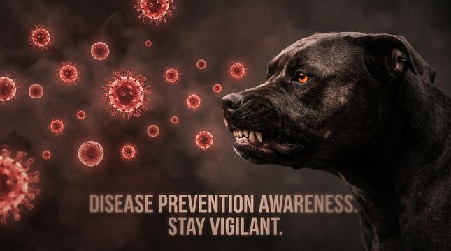 Aggressive black dog snarling next to microscopic red rabies virus cells
