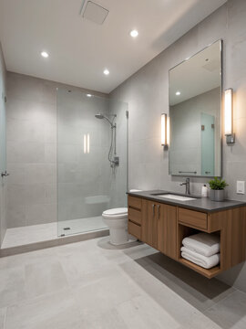 Elegant master bathroom interior with LED backlit mirror and shower cabin