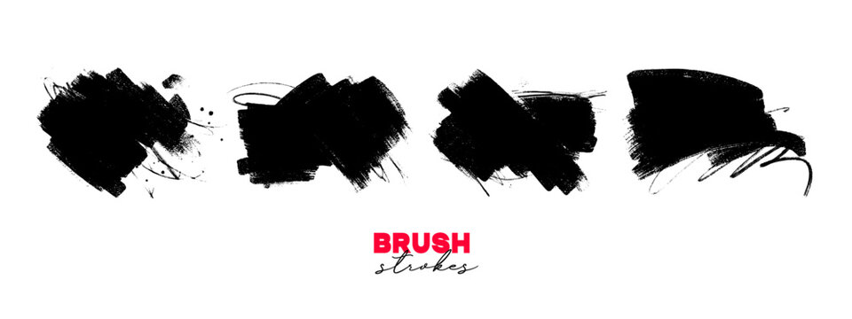 Abstract ink blob, curved bold lines, grunge art. Black paint brush stroke texture set. Scribble elements for collages and design. Hand drawn vector isolated illustration