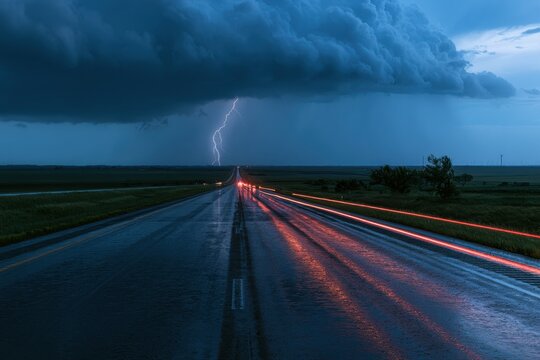 Dramatic stormfront over a rain-soaked highway through Kansas prairie