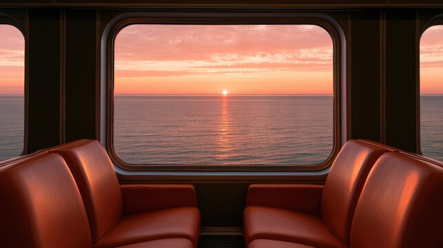 Interior view of a train with plush seats, overlooking a calm ocean sunset