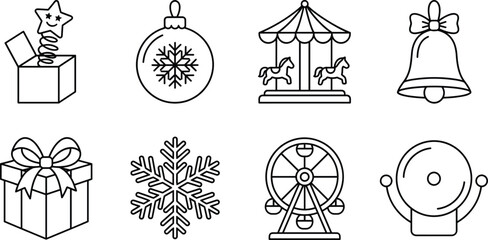 Fototapeta premium Christmas and Amusement Park Amusement Line Icon Set with Gift Boxes, Bauble, Carousel, Snowflake, and School Bell Designs