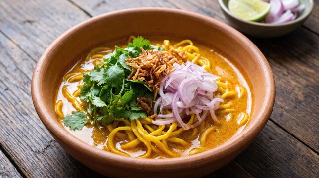 Khao soi noodle soup in a clay bowl on a wooden table is garnished with fresh cilantro, sliced red onions, and crispy fried shallots.