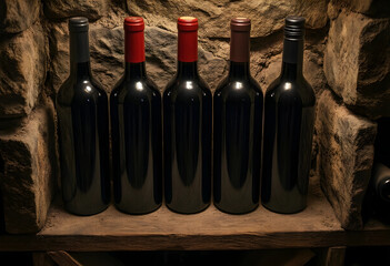 Naklejka premium Wine cellar storage and aging process, five dark red wine bottles on a dusty wooden shelf in a stone wall