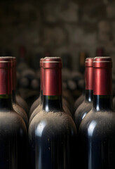 Naklejka premium Wine aging and vintage cellar concept, dusty red wine bottles stored in a dark underground winery