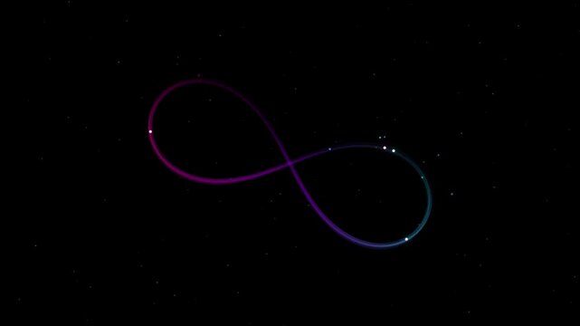 Glowing gradient infinity symbol with traveling light dots on dark starry space background animation.