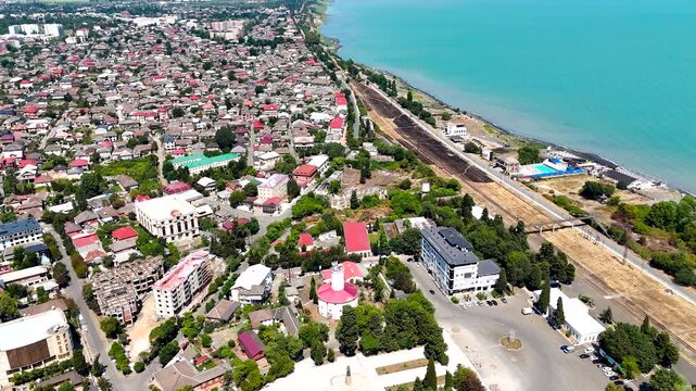 Lankaran Azerbaijan Coastal City Aerial View with Historic Lighthouse, Railway and Caspian Sea 4K