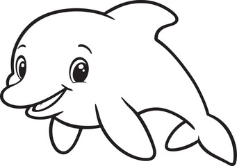 Fototapeta premium Cute Smiling Dolphin Swimming in the Ocean, Adorable Marine Animal Black and White Outline Vector Illustration