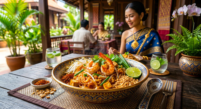 Authentic Thai Pad Thai with Shrimp and Traditional Cultural Background