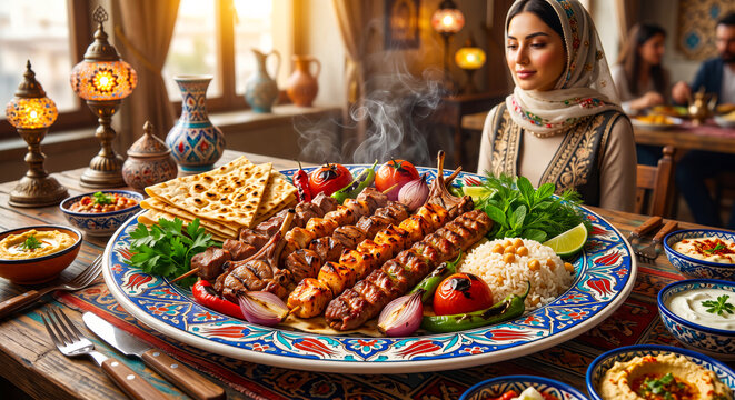 Turkish Mixed Kebab Platter with Grilled Meat and Cultural Setting