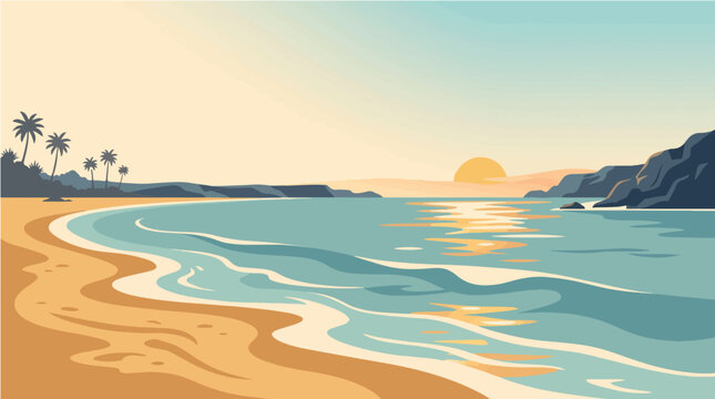 Scenic tropical beach sunset vector illustration featuring calm ocean waves and peaceful palm trees along the sandy coastline at dusk