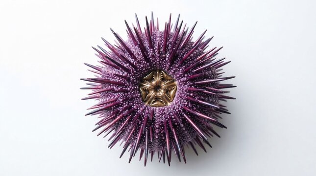 Purple sea urchin shell on white background, spiky marine echinoderm specimen, exotic ocean life biology study