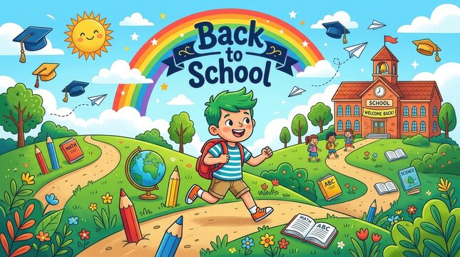 Back to School landscape banner with happy student walking to school building