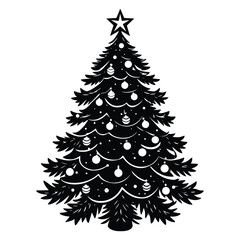 Obraz premium Black silhouette of a decorated Christmas tree with ornaments and star vector illustration