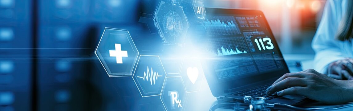 Digital medical icons and data displayed on a laptop, emphasizing healthcare technology