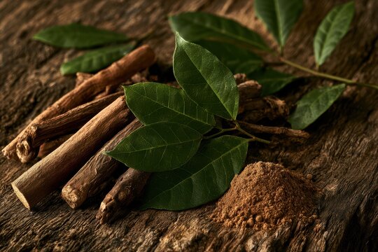 Dried roots and green leaves of Tongkat Ali displayed with ground powder on aged wood