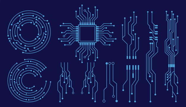 Blue circuit board technology elements set vector illustration. Digital microchip, mother board track line, and HUD circular electronic node collection on dark background for cyber data design.