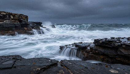 Fototapeta premium Crashing Waves and Coastal Erosion at Dusk